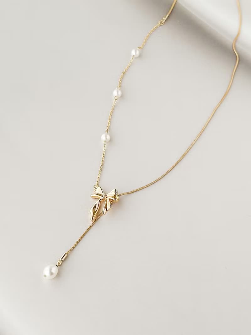 淡水パールのネックレス　着脱簡単　スライドボール　リボン　フェミニン　上品　洗練　お嬢スタイル　かわいい　ギフト　母の日　ロング　日本のハンドメイド