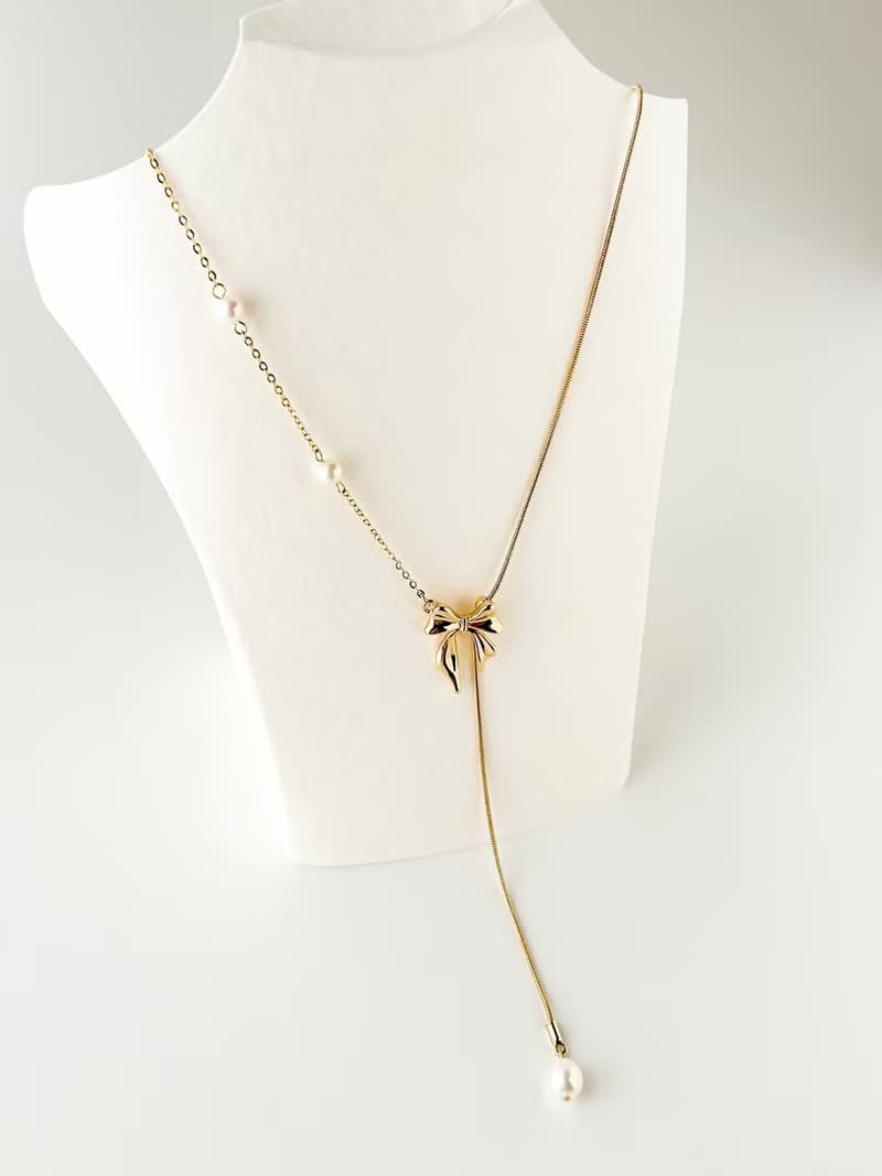淡水パールのネックレス　着脱簡単　スライドボール　リボン　フェミニン　上品　洗練　お嬢スタイル　かわいい　ギフト　母の日　ロング　日本のハンドメイド
