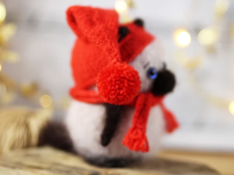 Knitted cat doll Siamese cat in red hat and scarf, Stuffed animal amigurumi doll