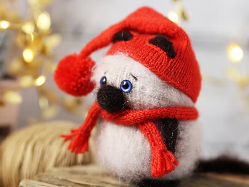 Knitted cat doll Siamese cat in red hat and scarf, Stuffed animal amigurumi doll