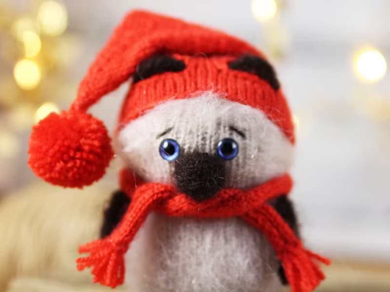 Knitted cat doll Siamese cat in red hat and scarf, Stuffed animal amigurumi doll