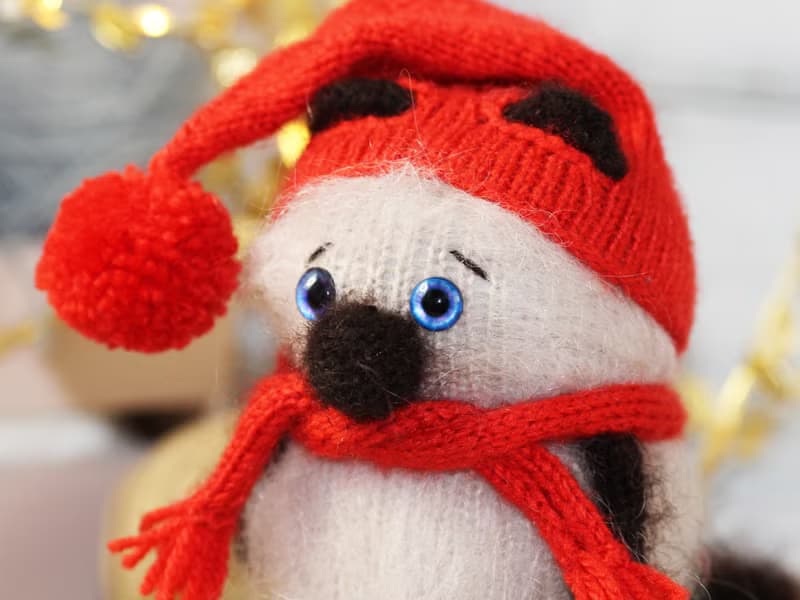 Knitted cat doll Siamese cat in red hat and scarf, Stuffed animal amigurumi doll