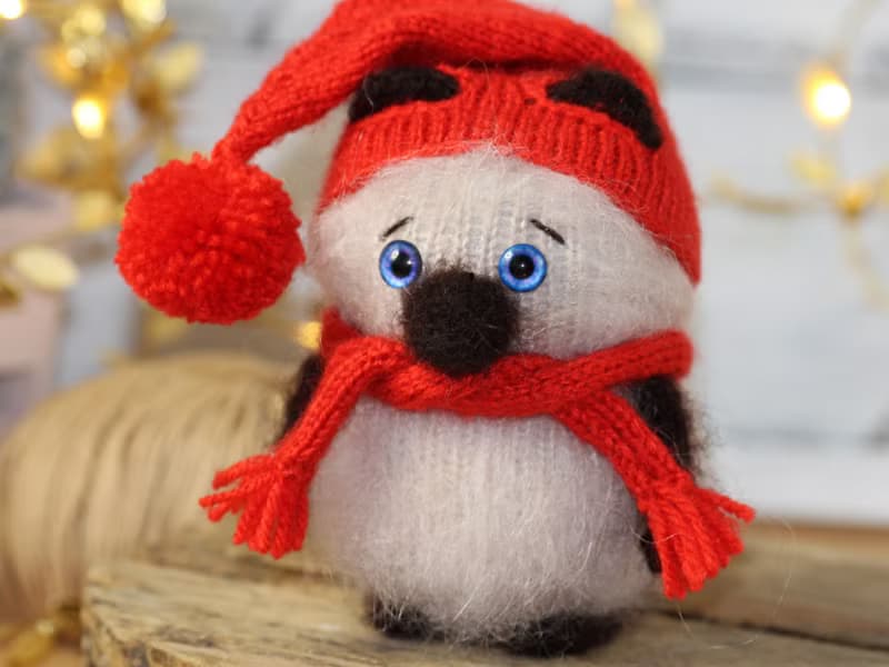 Knitted cat doll Siamese cat in red hat and scarf, Stuffed animal amigurumi doll