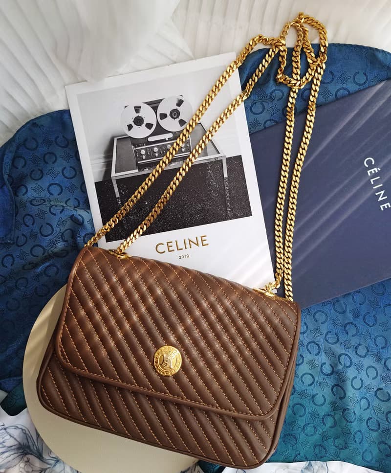 中古美品 CELINE 咖凱旋門晚宴包手拿包鏈條包斜揹包斜挎包單肩包