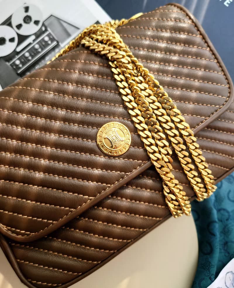 中古美品 CELINE 咖凱旋門晚宴包手拿包鏈條包斜揹包斜挎包單肩包