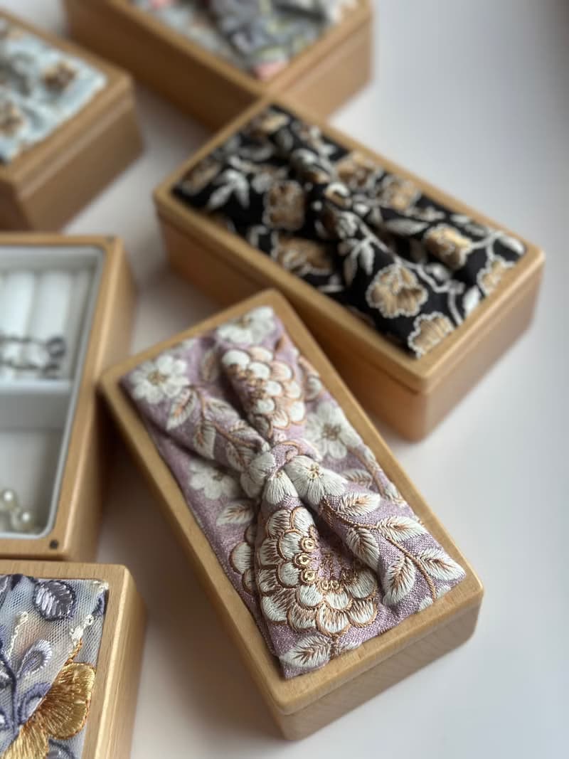 印度刺繡蝴蝶結實木首飾盒