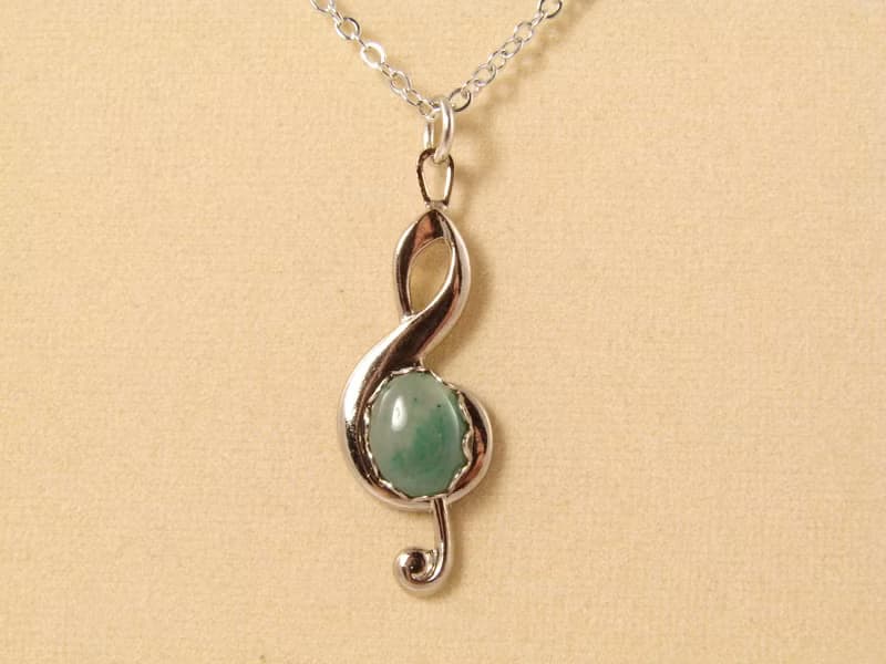 Treble Clef Music Note Symbol Musician Green Aventurine Pendant Necklace Jewelry