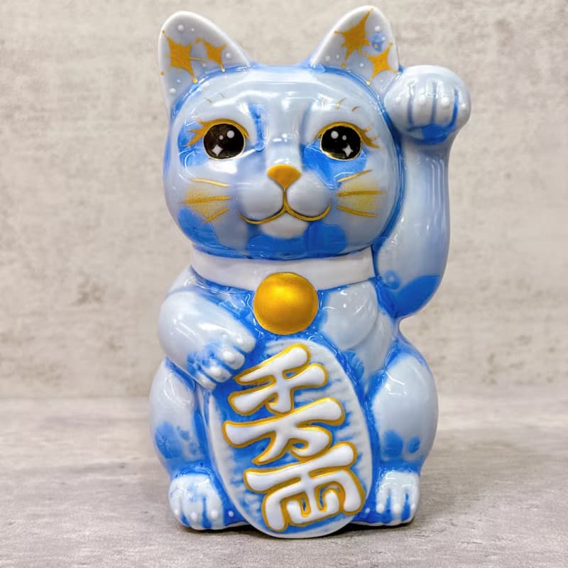 【富貴靈貓】日本清水燒招財貓 | 花結晶 青 千万両 左