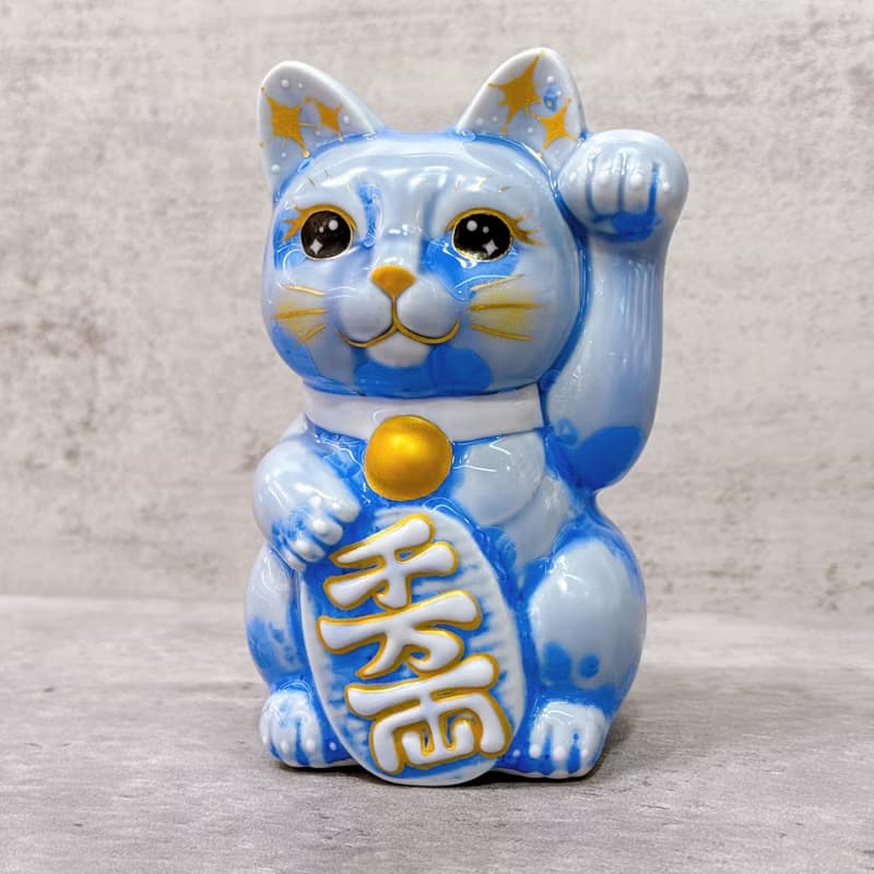 【富貴靈貓】日本清水燒招財貓 | 花結晶 青 千万両 左