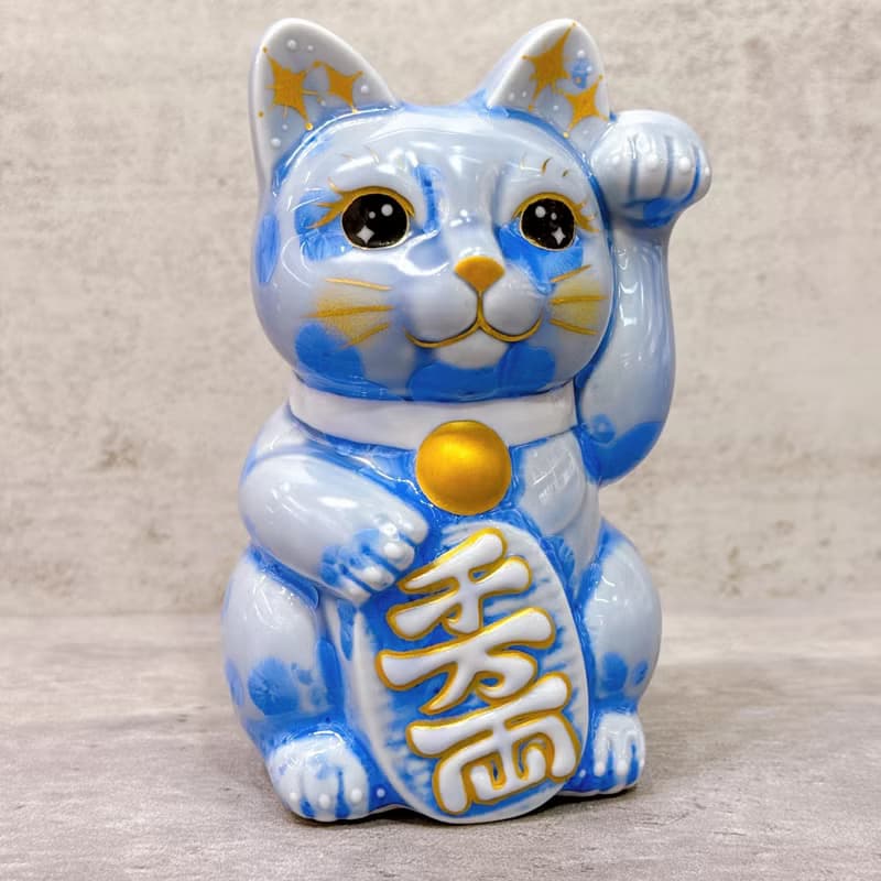 【富貴靈貓】日本清水燒招財貓 | 花結晶 青 千万両 左