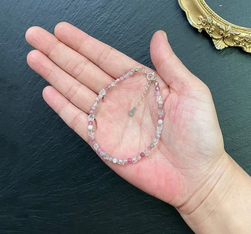 能量原石-閃靈鑽原石x梅花碧璽925純銀手鍊  淨化七輪 旺姻緣人緣