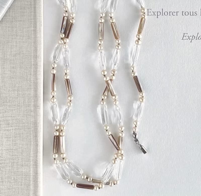 淡水パール マザーオブパール 水晶 異素材を使用したロングネックレスとブレスレット　1点のみ