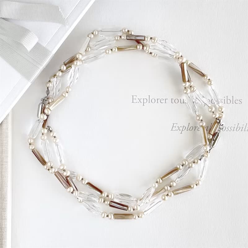 淡水パール マザーオブパール 水晶 異素材を使用したロングネックレスとブレスレット　1点のみ