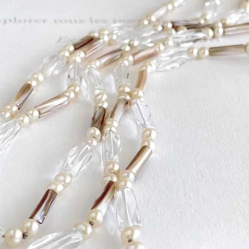 淡水パール マザーオブパール 水晶 異素材を使用したロングネックレスとブレスレット　1点のみ