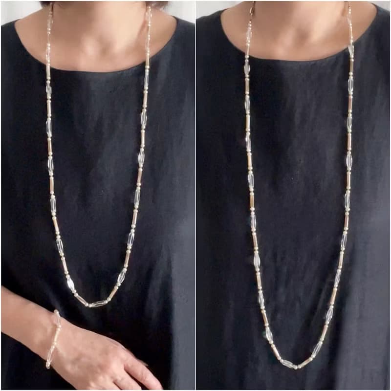 淡水パール マザーオブパール 水晶 異素材を使用したロングネックレスとブレスレット　1点のみ