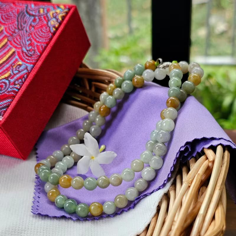 Burmese jade necklace, light green and yellow round beads, natural jade, Type A, size 7 mm, 26 inches