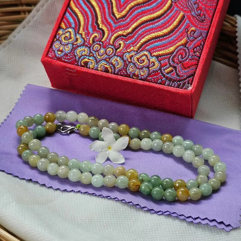 Burmese jade necklace, light green and yellow round beads, natural jade, Type A, size 7 mm, 26 inches