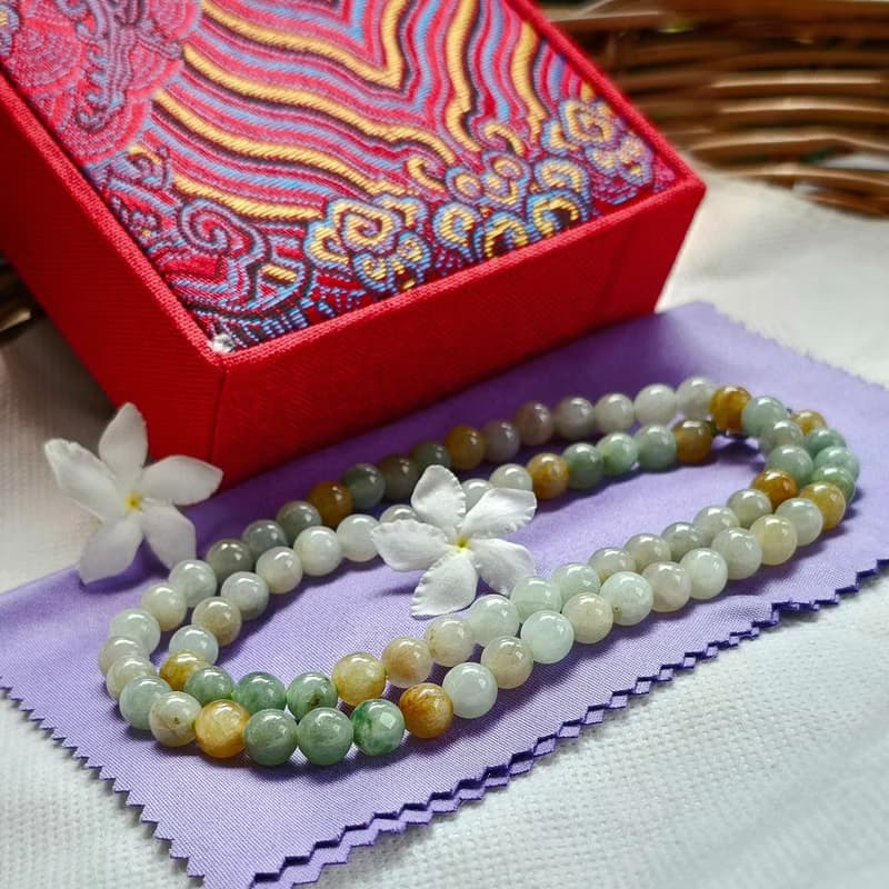 Burmese jade necklace, light green and yellow round beads, natural jade, Type A, size 7 mm, 26 inches