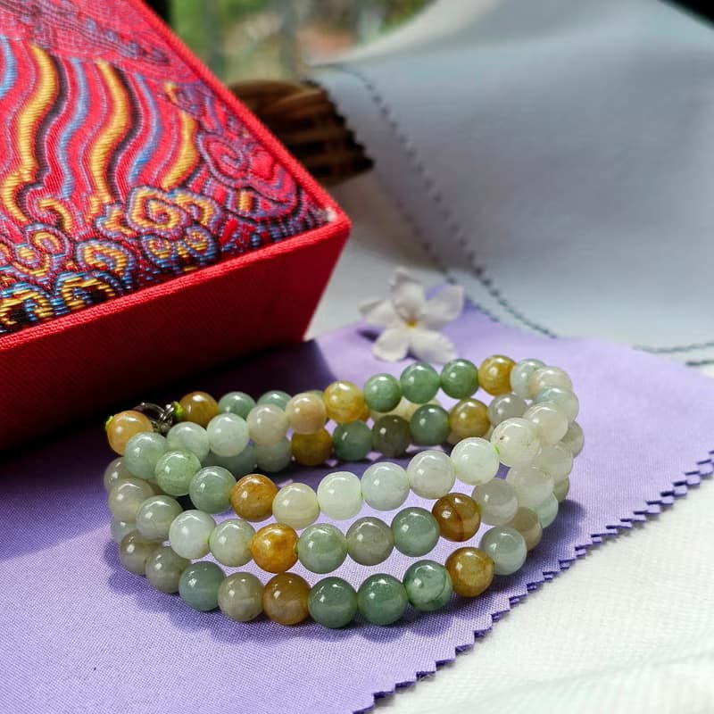 Burmese jade necklace, light green and yellow round beads, natural jade, Type A, size 7 mm, 26 inches
