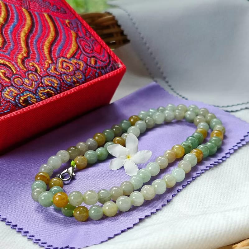 Burmese jade necklace, light green and yellow round beads, natural jade, Type A, size 7 mm, 26 inches