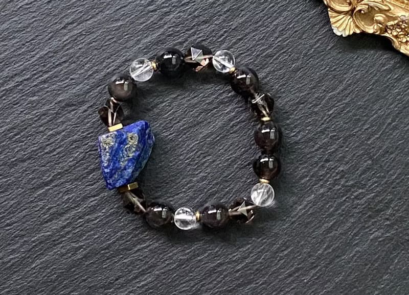 能量原石-阿富汗青金石原石x白阿賽x彩虹黑曜石黃銅手鍊 保平安