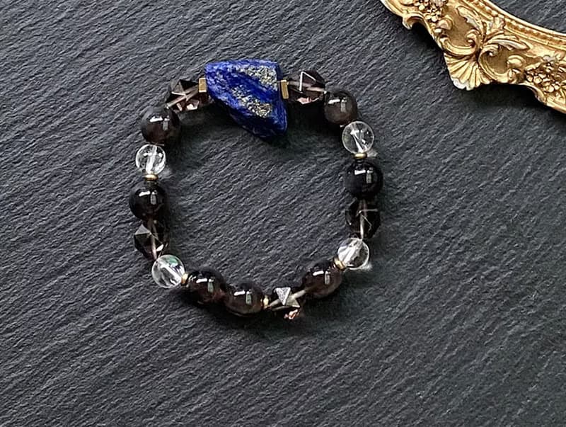 能量原石-阿富汗青金石原石x白阿賽x彩虹黑曜石黃銅手鍊 保平安