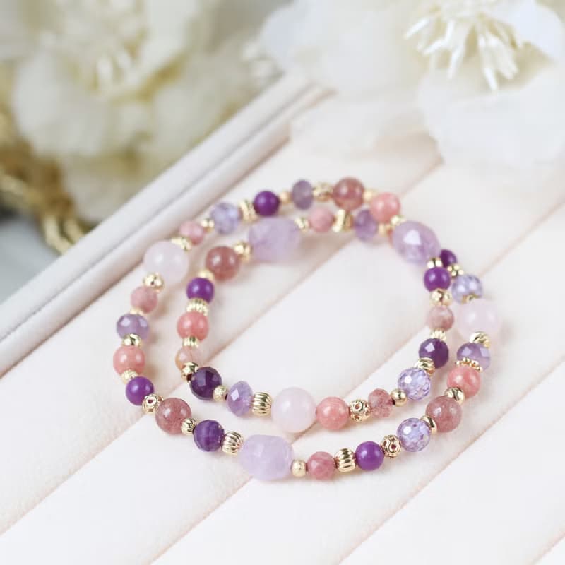 紫水晶 粉晶 草莓晶。富良野的春季約定。雙圈水晶手鍊