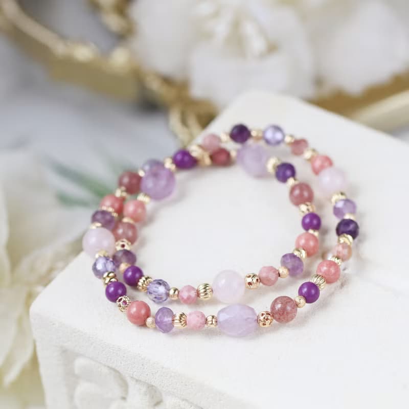 紫水晶 粉晶 草莓晶。富良野的春季約定。雙圈水晶手鍊