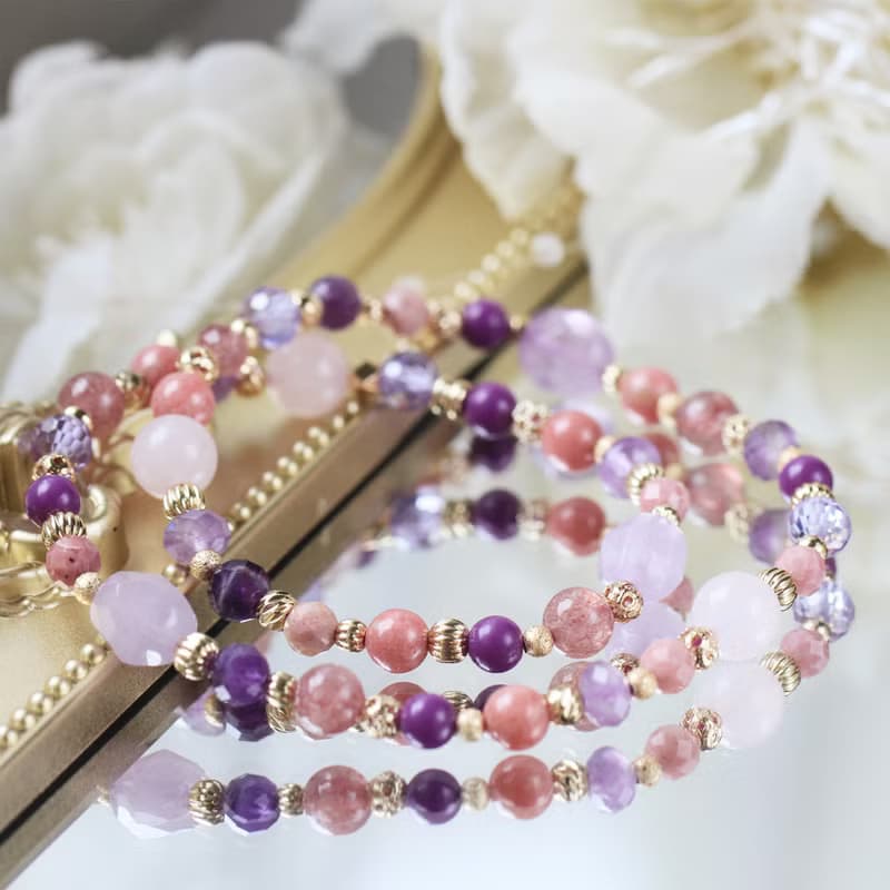 紫水晶 粉晶 草莓晶。富良野的春季約定。雙圈水晶手鍊