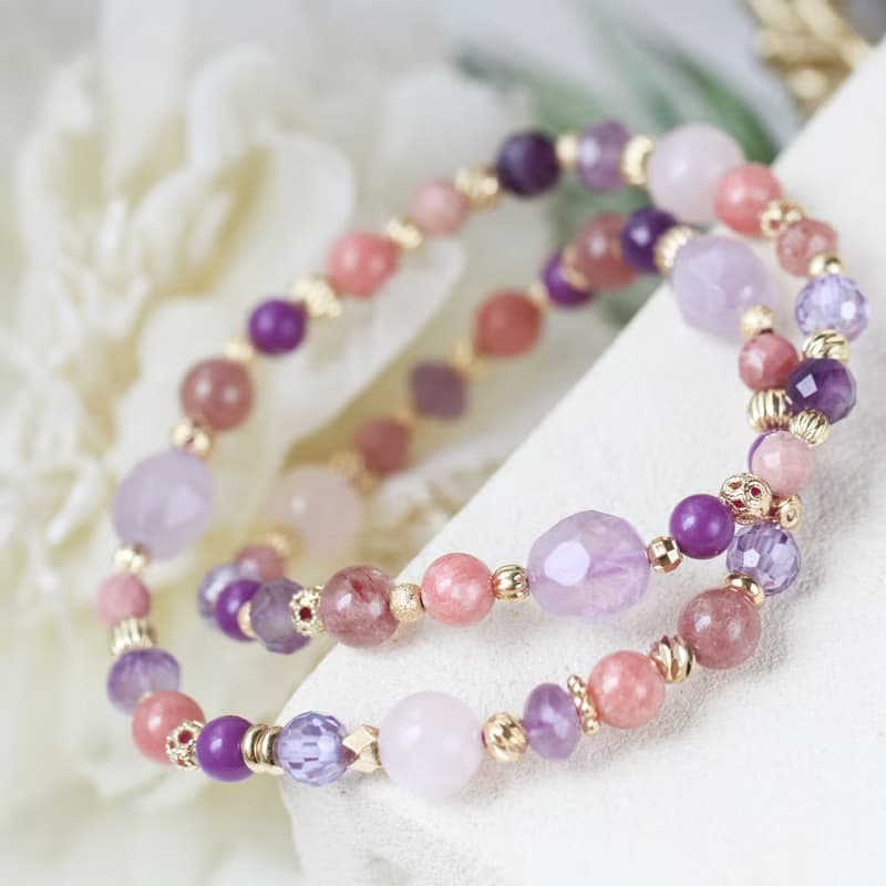 紫水晶 粉晶 草莓晶。富良野的春季約定。雙圈水晶手鍊