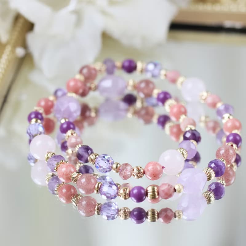 紫水晶 粉晶 草莓晶。富良野的春季約定。雙圈水晶手鍊
