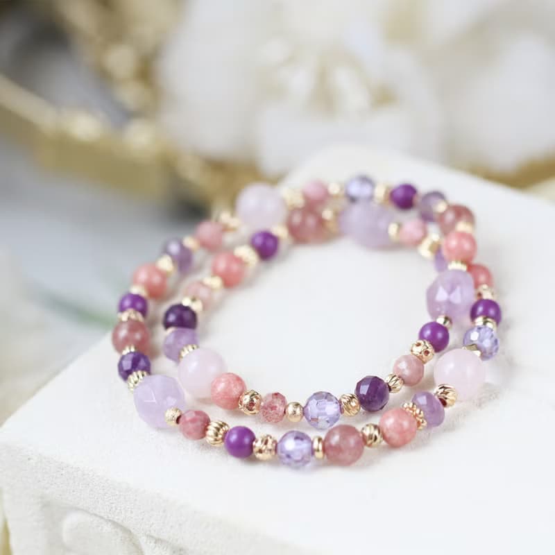 紫水晶 粉晶 草莓晶。富良野的春季約定。雙圈水晶手鍊
