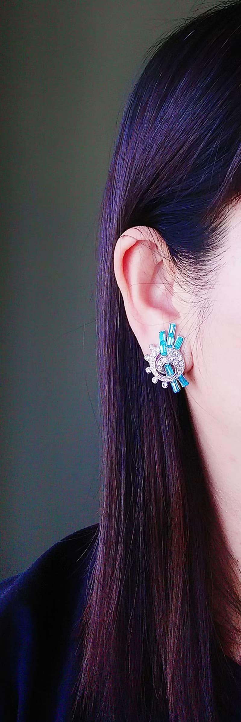 【西洋古董飾品 】CLAUDETTE 藍白色調 精緻 萊茵鑽 夾式耳環