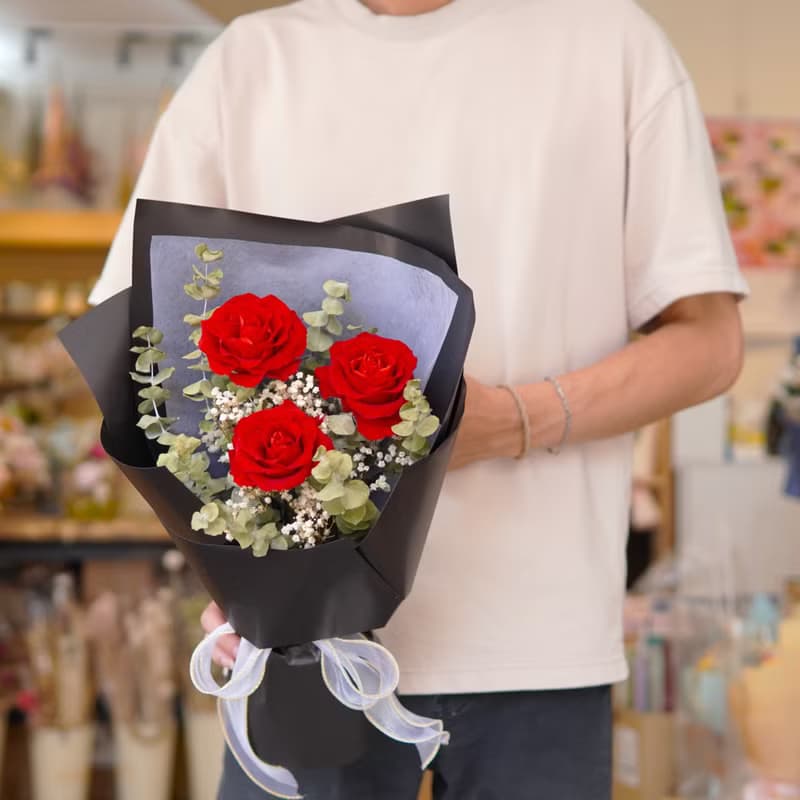 永生系列 - 3朵大朵玫瑰永生玫瑰花花束