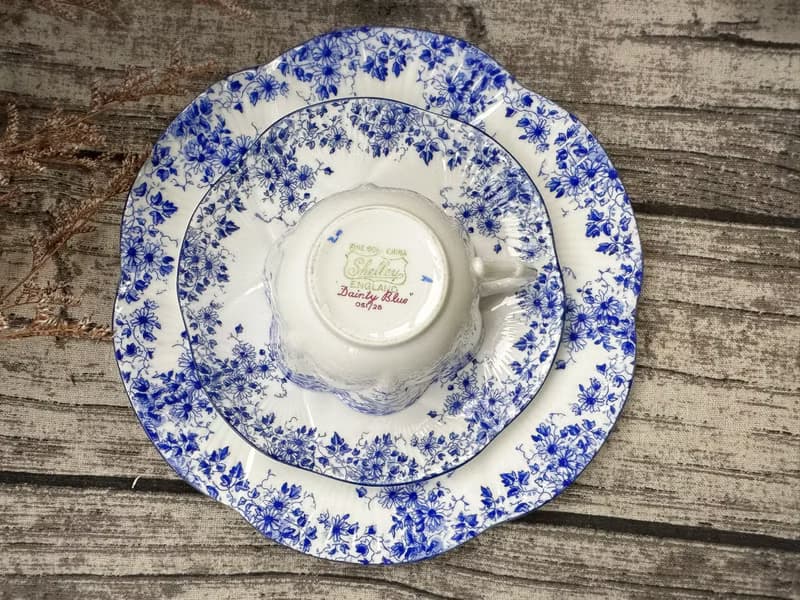 古董英國Shelley Dainty Blue美麗骨瓷藍色花卉系列三件杯盤組