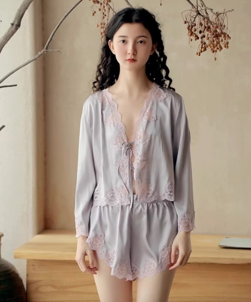 法式復古 真絲蕾絲純欲睡衣套裝