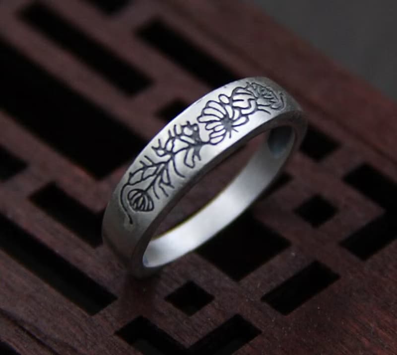 Real S 990 Vulcanized Silver Jewelry Women Engraved Vintage Flower Patterns Ring