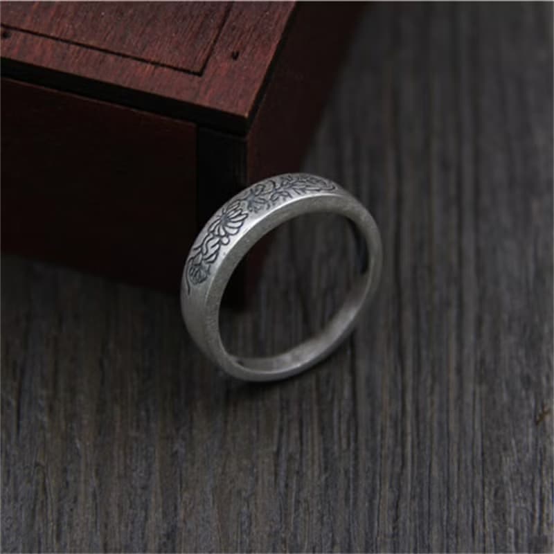 Real S 990 Vulcanized Silver Jewelry Women Engraved Vintage Flower Patterns Ring
