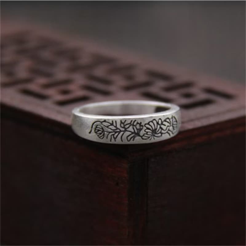 Real S 990 Vulcanized Silver Jewelry Women Engraved Vintage Flower Patterns Ring