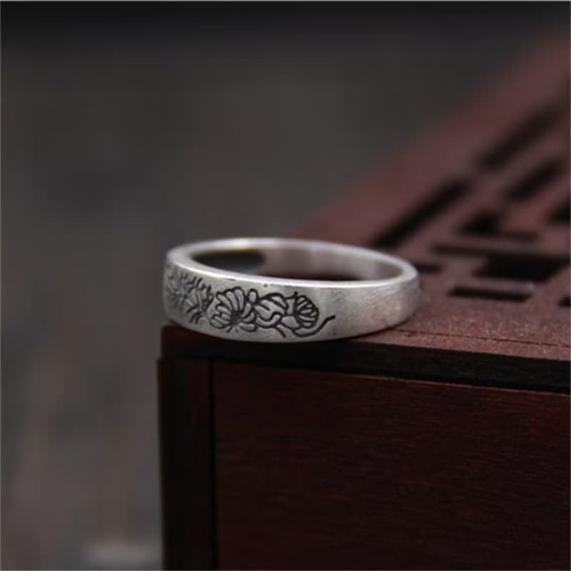Real S 990 Vulcanized Silver Jewelry Women Engraved Vintage Flower Patterns Ring