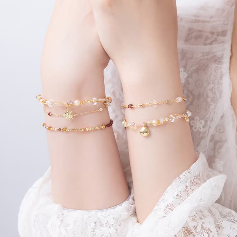 桃花 x  粉貓眼 珍珠 白水晶 粉晶 鋯石【夕陽下的心動旋律】手鍊