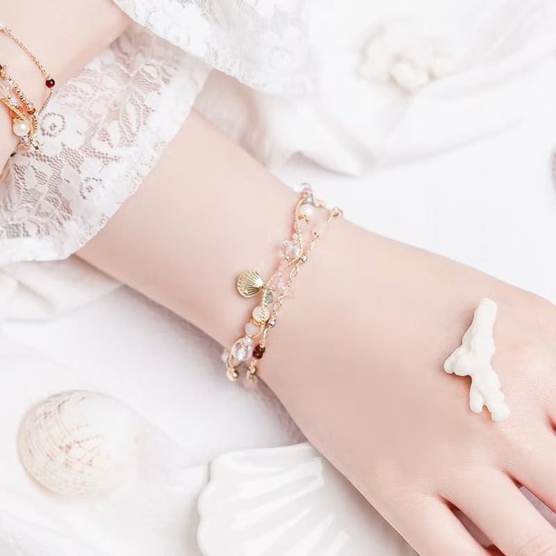 桃花 x  粉貓眼 珍珠 白水晶 粉晶 鋯石【夕陽下的心動旋律】手鍊