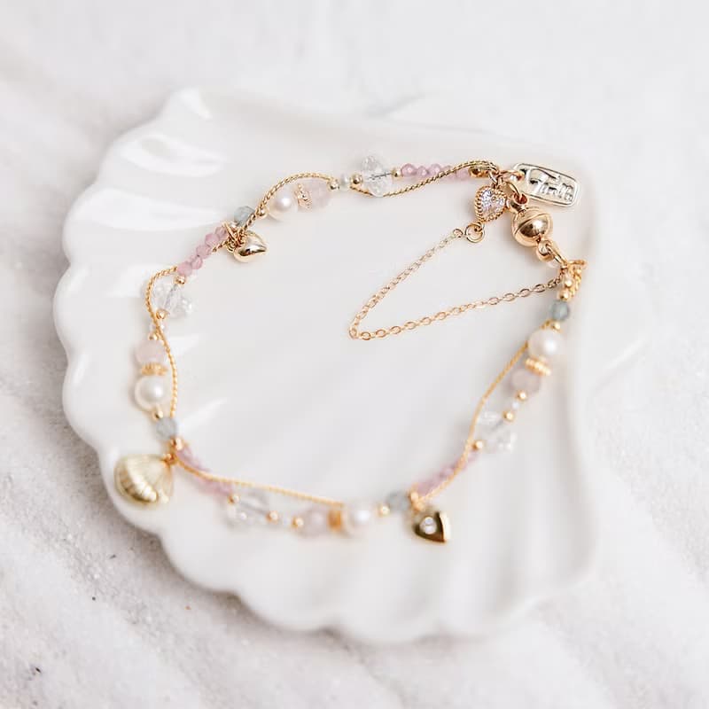 桃花 x  粉貓眼 珍珠 白水晶 粉晶 鋯石【夕陽下的心動旋律】手鍊