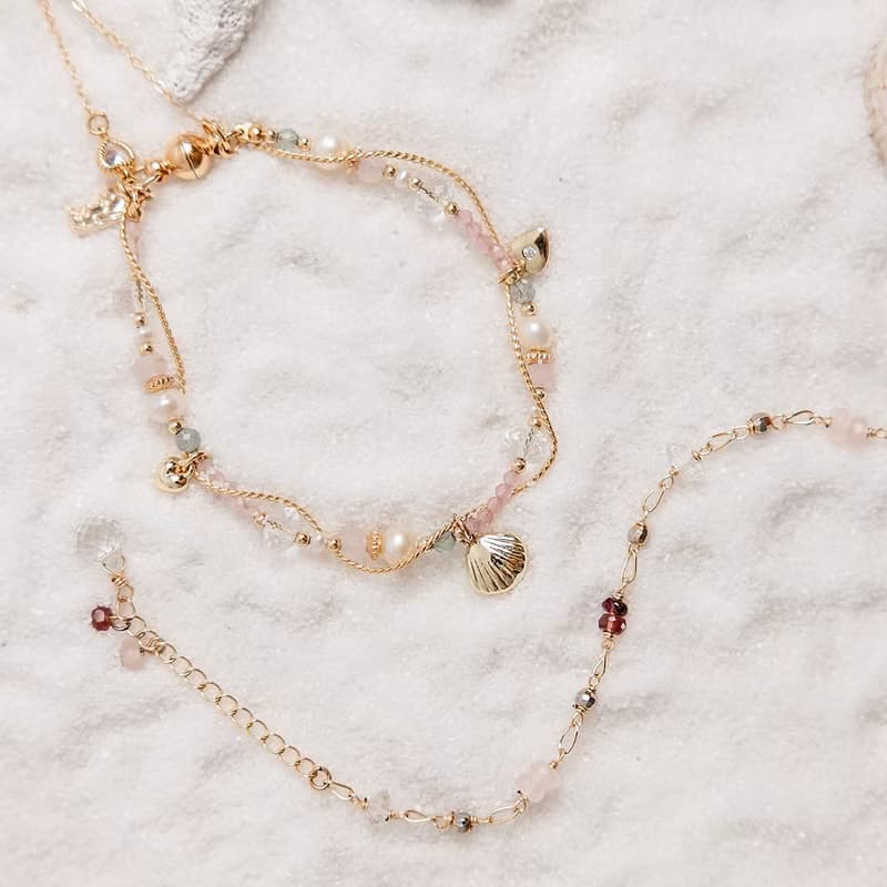 桃花 x  粉貓眼 珍珠 白水晶 粉晶 鋯石【夕陽下的心動旋律】手鍊