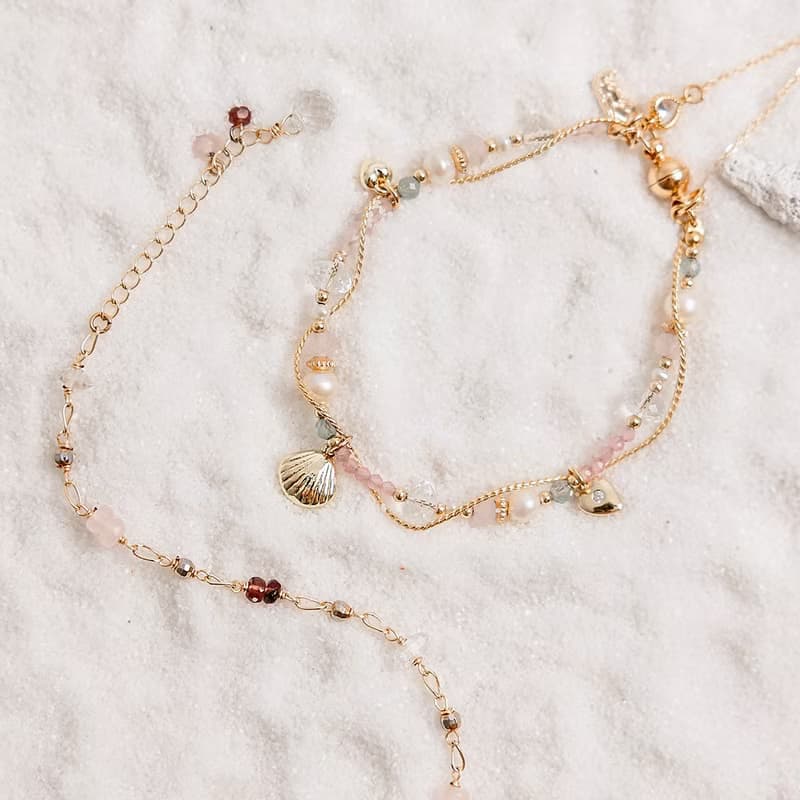 桃花 x  粉貓眼 珍珠 白水晶 粉晶 鋯石【夕陽下的心動旋律】手鍊