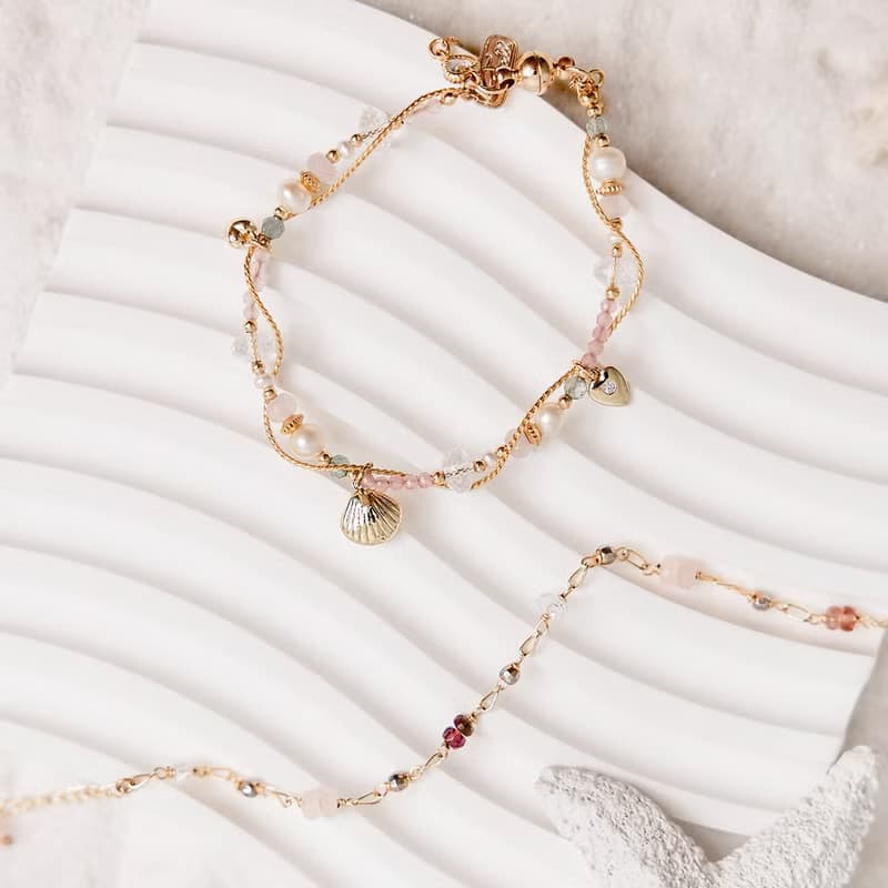 桃花 x  粉貓眼 珍珠 白水晶 粉晶 鋯石【夕陽下的心動旋律】手鍊