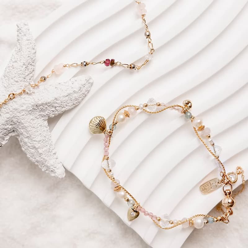 桃花 x  粉貓眼 珍珠 白水晶 粉晶 鋯石【夕陽下的心動旋律】手鍊