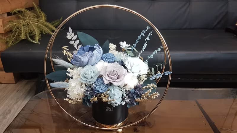 海藏設計│昂列斯特。灰藍質感金環桌花。 開幕送禮 升遷