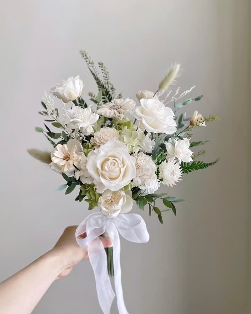 【不凋花乾燥花】白綠色不凋玫瑰繡球韓式捧花