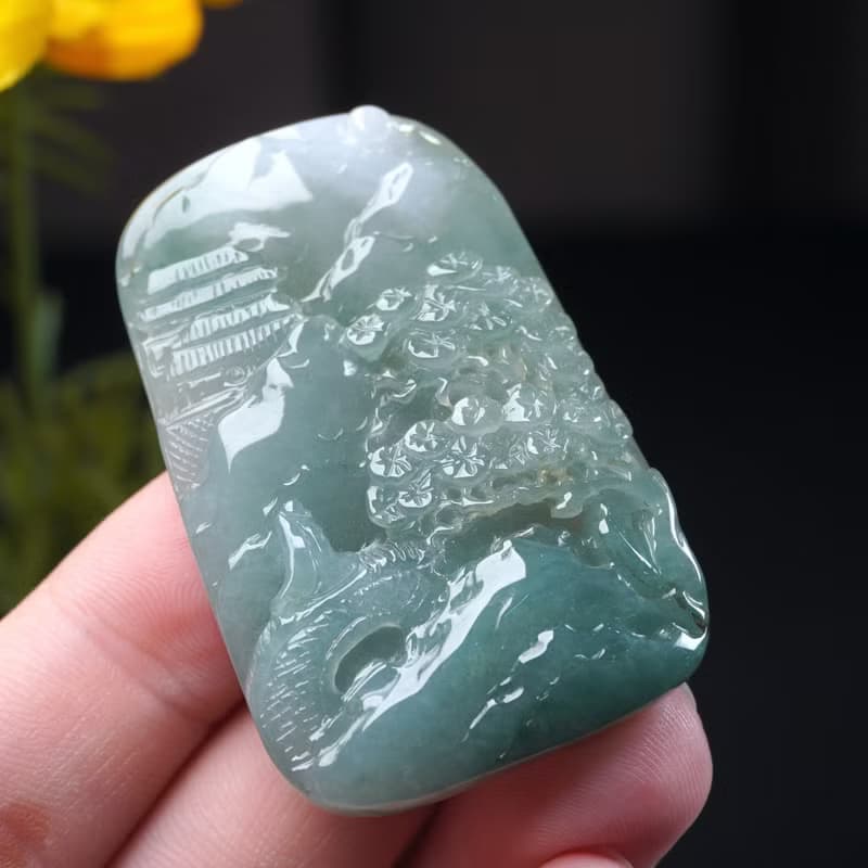 冰種飄綠翡翠精雕山水牌項鍊 | 天然緬甸玉翡翠A貨 | 送禮